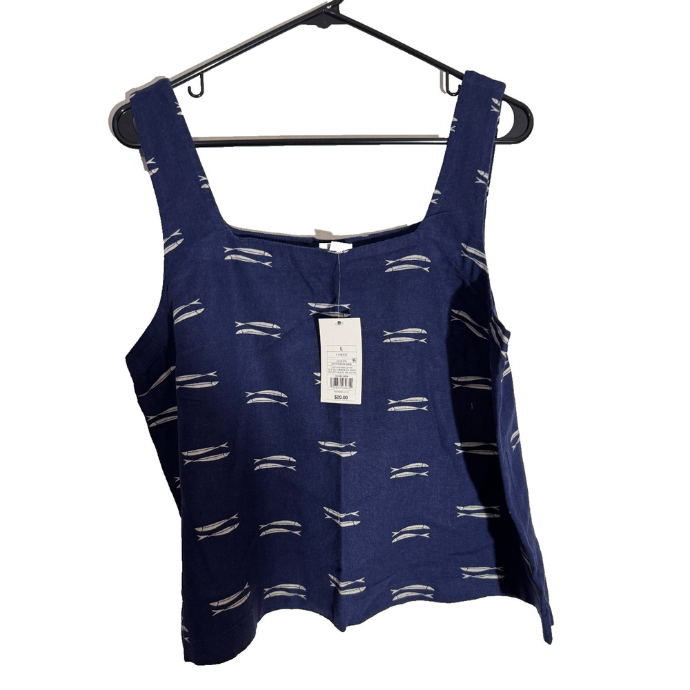 A New Day Women’s Linen Tank Top L Navy Cream Fish Print Square Neck Loose NWT